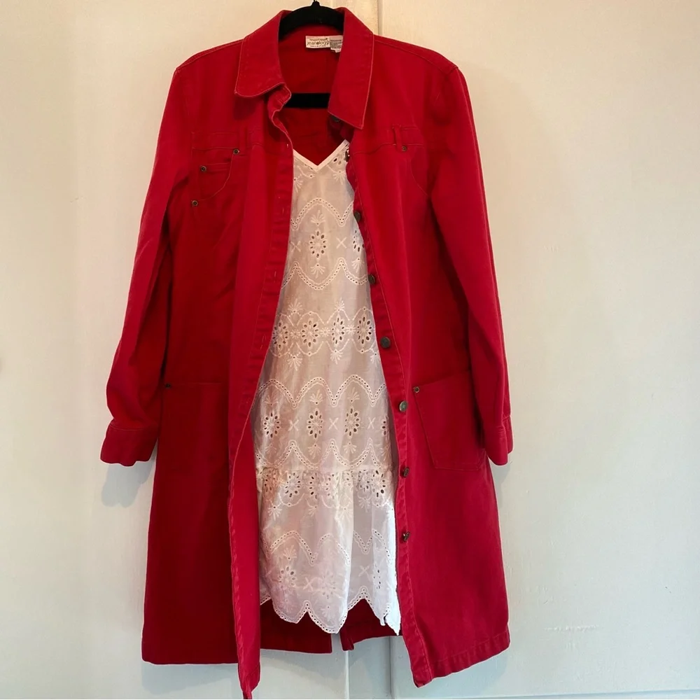 Vtg Newport News Jeanology Long Red Button-Front Denim Coat Dress Patriotic 12 - Picture 4 of 12